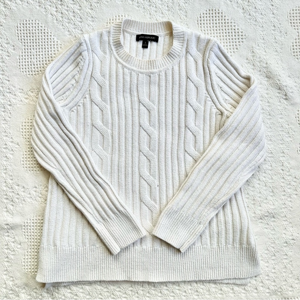 Banana Republic Sweater Womens Small White Cable Knit Crewneck Cotton Fisherman